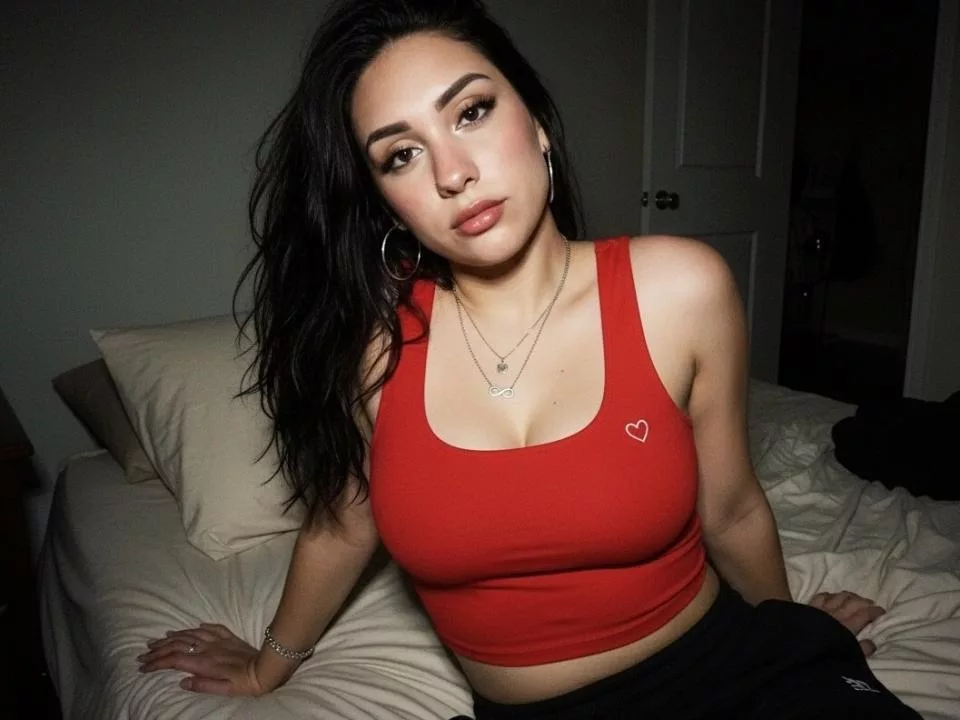 EmmaRubis in red crop top, black hair, sitting on bed.