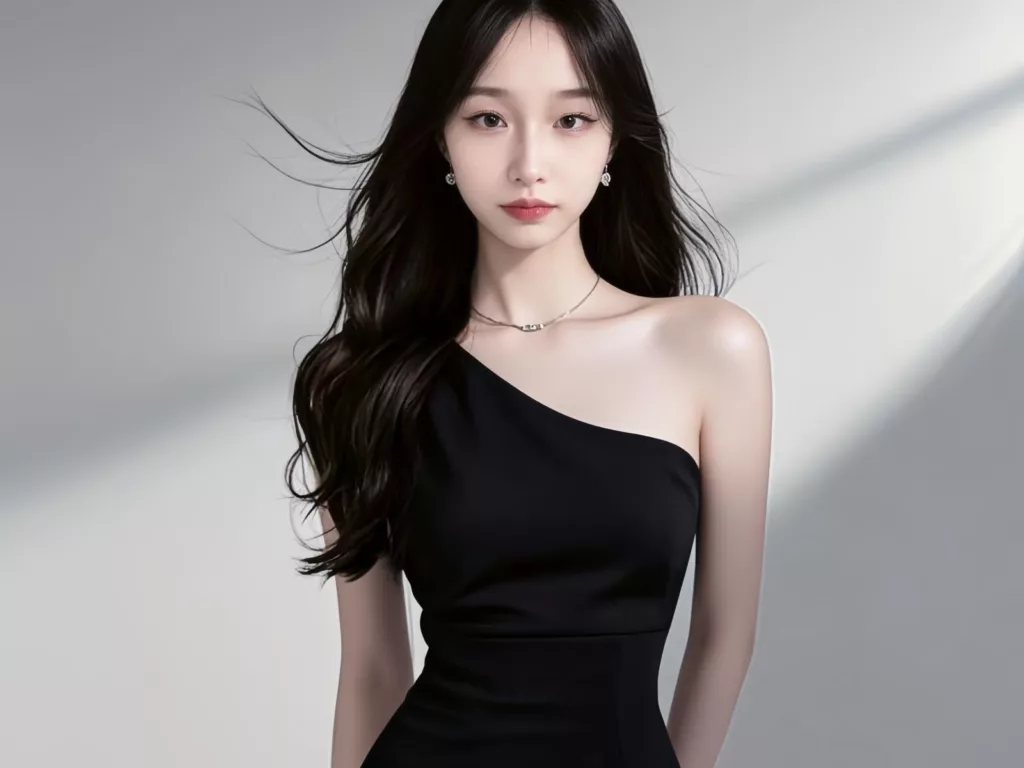 LinLinYa in one-shoulder black dress—small penis love and sensual confidence.