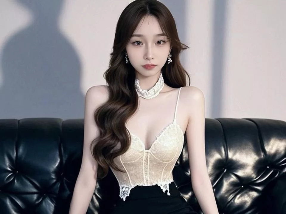 LinLinYa in white lace top, wavy hair—relaxed on black leather couch.